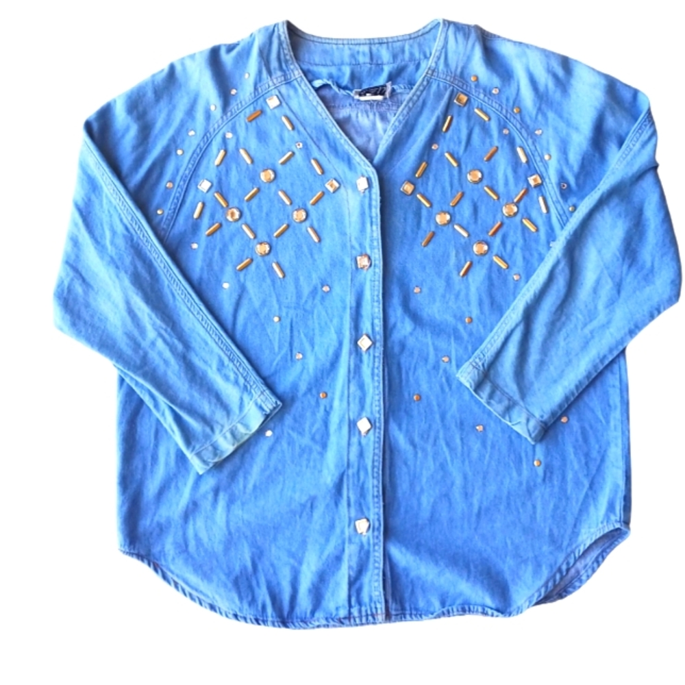 Susan Christopher 80's denim button up top with silver and gold gems